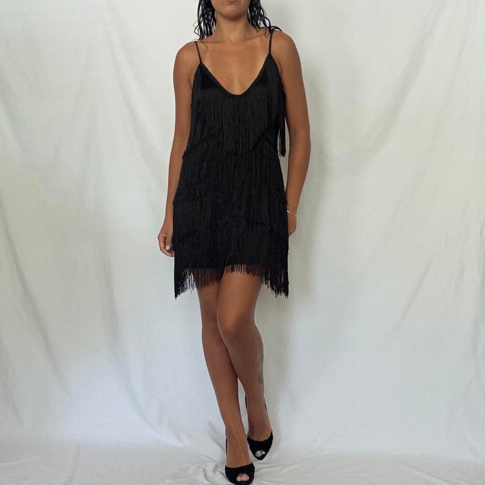 Black Fringe Mini Dress Flapper Style Western Party Medium Low Scoop Neck